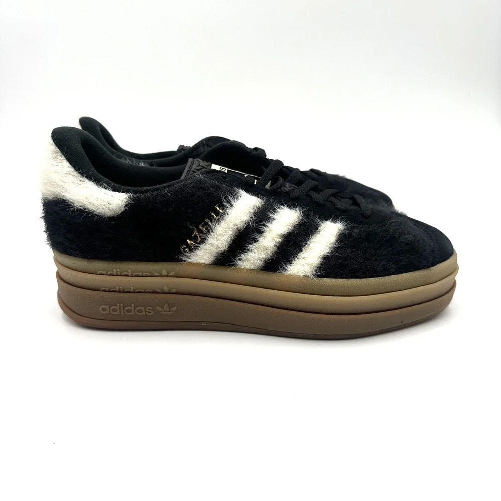 Adidas Gazelle Bold Furry Core Black/Cream White/Gold JS3907 Women's Size 8.5